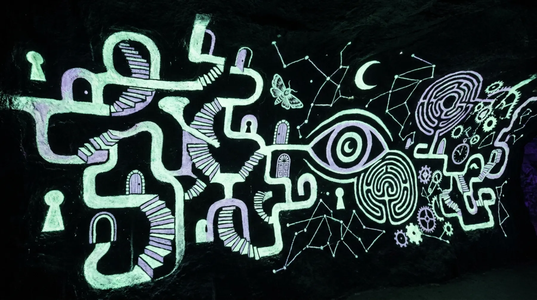 A mural in glowing paint on a black wall: stairways, keyholes, tiny doors, a great eye, a moth, a crescent moon, labyrinths and constellations.